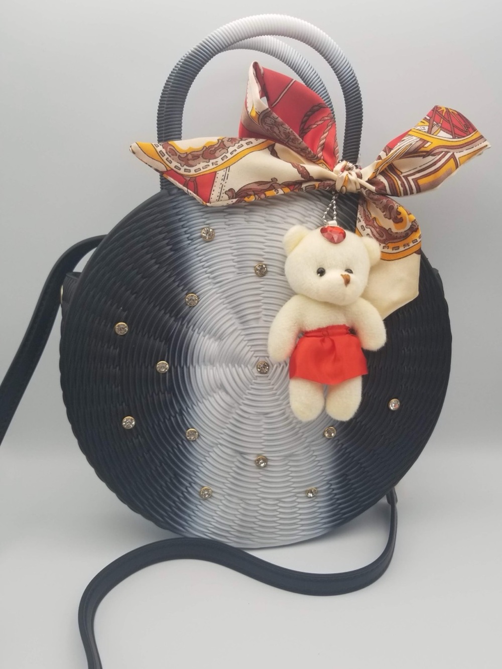 Round Ombre Straw Tote with Red Scarf & Bear Charm